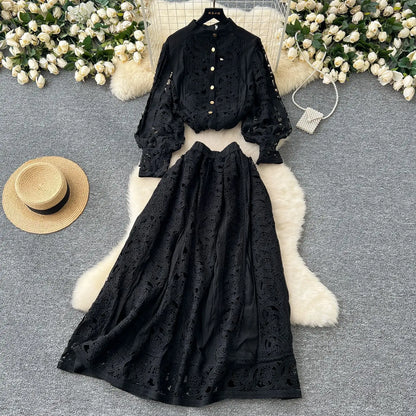Autumn Crochet White Lace Embroidery 3 Pieces Sets Women Dress Suits Hollow Out Loose Shirt Top Elastic Waist Maxi Skirt Suit