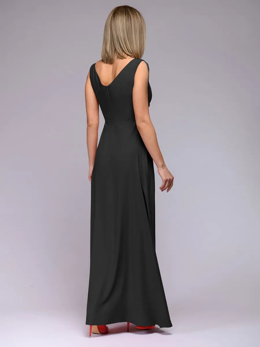 Women's 2025 Summer Solid Color Formal Dress - Sleeveless Evening Gown with Waist Accent, Elegant Floor Length Bridesmaid Dress