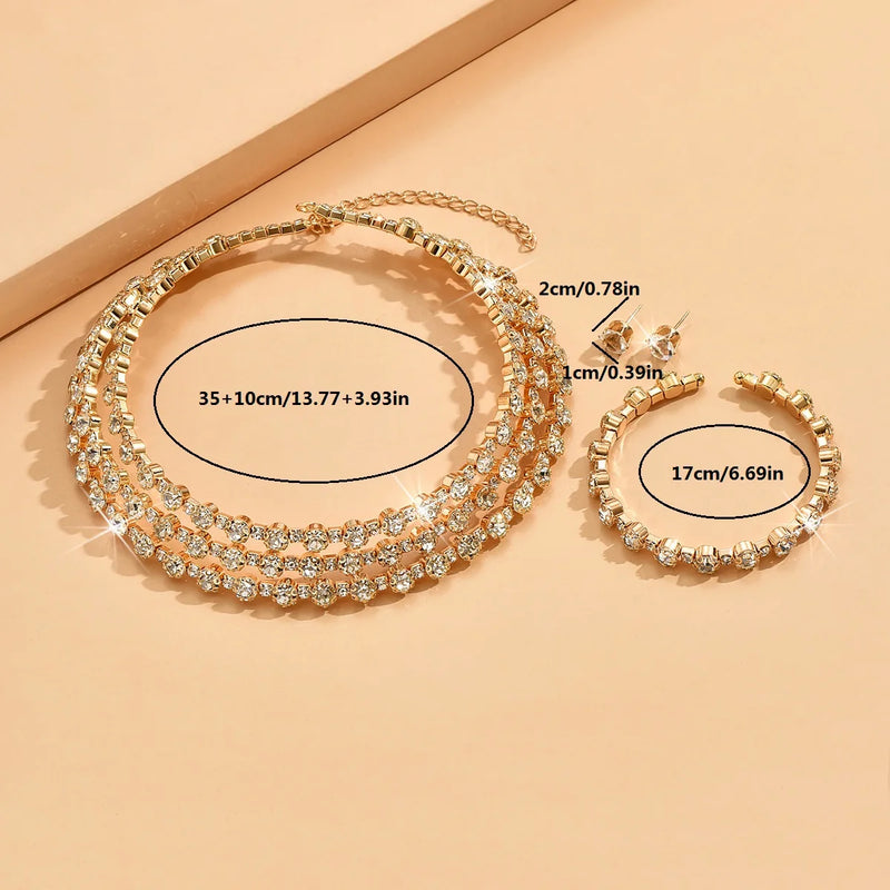 4-piece women's jewelry set with rhinestones, multi-layer collars, earrings, bracelets, wedding party accessories