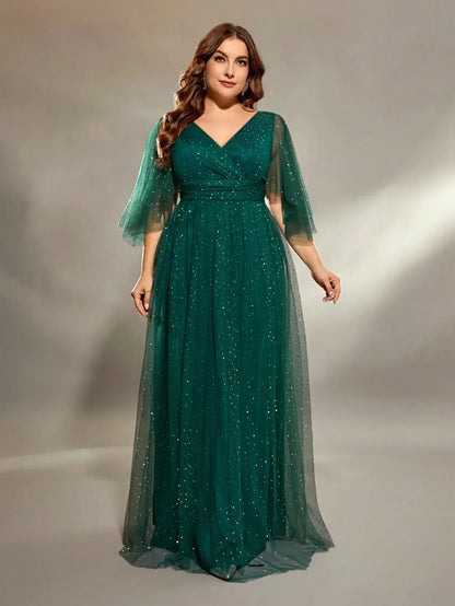 Vestido de noite plissado cruz no peito, decote em v, manga longa, filete, saia cheia, vestido de bola de festa, plus size, 2022