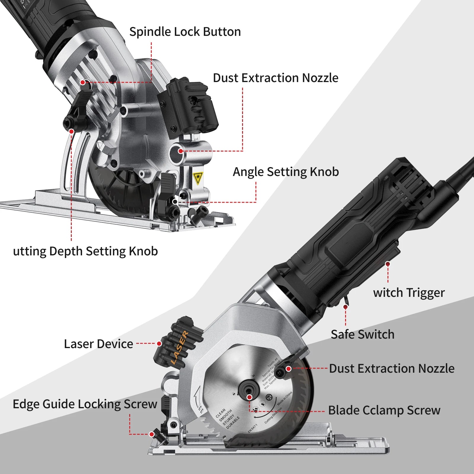 Geevorks Mini Circular Saw 4.8 Amp 4-1/2 Inch Compact Circular Saw 3700RPM Electric Circular Saws with Laser Cutting Guide