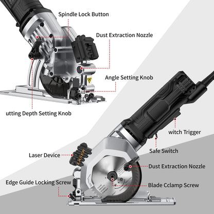 Minisierra circular Geevorks de 4,8 A y 4-1/2 pulgadas, compacta, 3700 RPM, con guía de corte láser