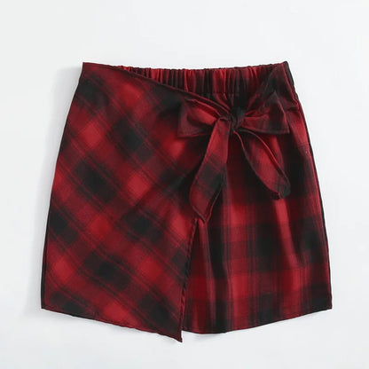 Plus Size Elastic Waist Summer Spring Casual Bandage Plaid Skirt Women Bow Front Vintage Checked Mini Skirt Plus Size Bottoms
