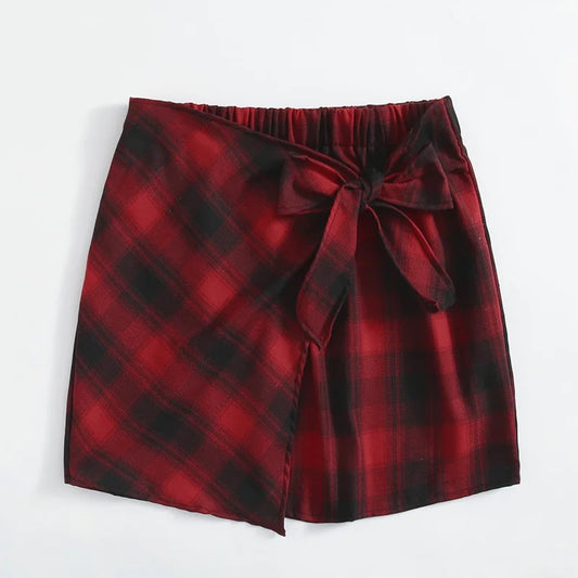 Falda a cuadros con cintura elástica para mujer, minifalda informal de verano y primavera con lazo frontal, estilo vintage, talla grande