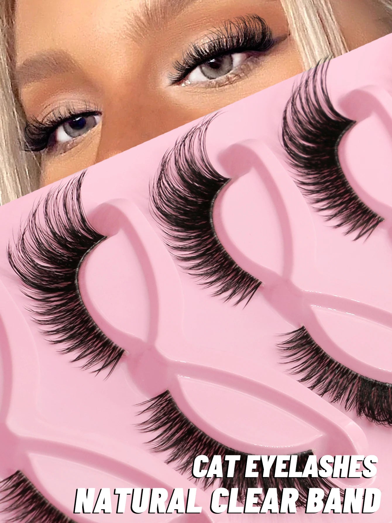 GROINNEYA Cat Eye Lashes 5 Pairs Natural Fake Eyelashes Clear Band Lashes Natural long Winged End Eye Elongated Eyelashes Makeup