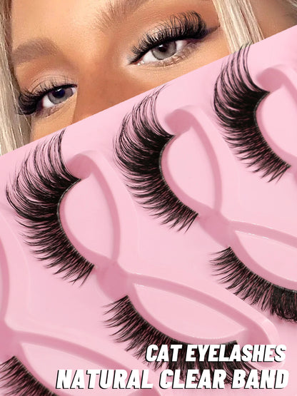 GROINNEYA Cat Eye Lashes 5 Pairs Natural Fake Eyelashes Clear Band Lashes Natural long Winged End Eye Elongated Eyelashes Makeup
