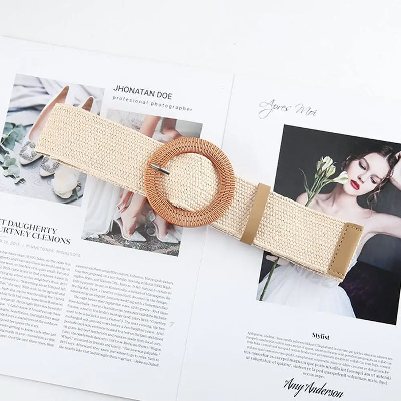 Summer Fashion Women Straw Belt Casual Bohemian Wide Summer Braided Waistbelt  Buckle Elastic Female Straw Waist Belt