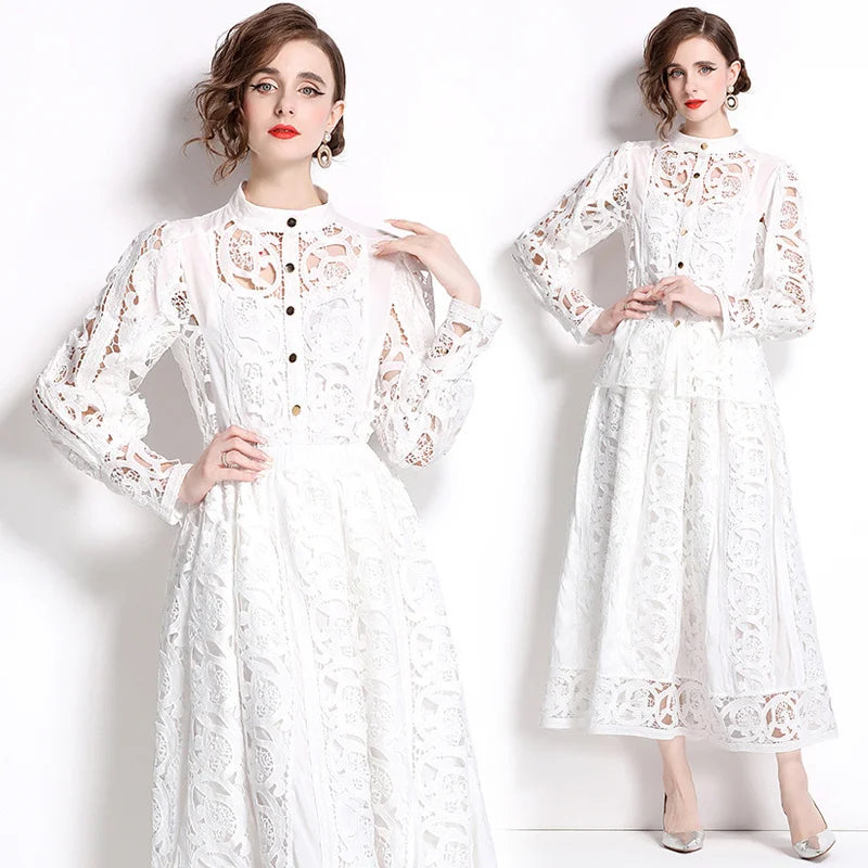 Autumn Crochet White Lace Embroidery 3 Pieces Sets Women Dress Suits Hollow Out Loose Shirt Top Elastic Waist Maxi Skirt Suit