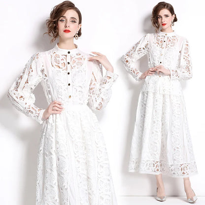Autumn Crochet White Lace Embroidery 3 Pieces Sets Women Dress Suits Hollow Out Loose Shirt Top Elastic Waist Maxi Skirt Suit