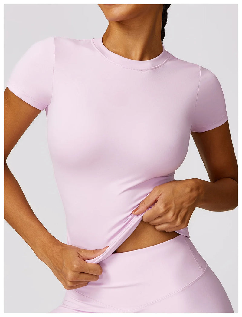 NCLAGEN - Camiseta deportiva para mujer, para correr, de verano, de manga corta, cuello redondo, transpirable, elástica, para gimnasio, yoga, fitness, ajustada, activa
