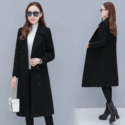 Female Woolen Coat Velvet 2023 Women's Double-Breasted Woolen Coat Spring and Autumn Woolen Coat Fashion Suit Collar ThickTrench