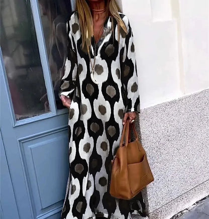 Plus Size 2023 Nova Estação Independente Moda Impressão Exclusiva Vestido Longo com Decote em V Transfronteiriça Europeu Americano Outono Wi...
