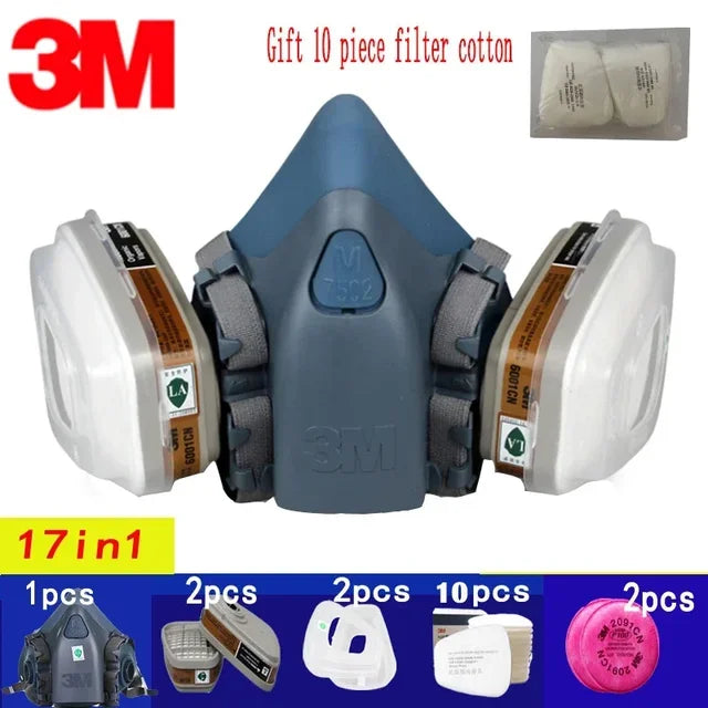 Respirador de gas 17 en 1 3M 7502, máscara de media cara antipolvo para pintura, pulverización, vapor orgánico, filtro de gas químico, seguridad laboral 