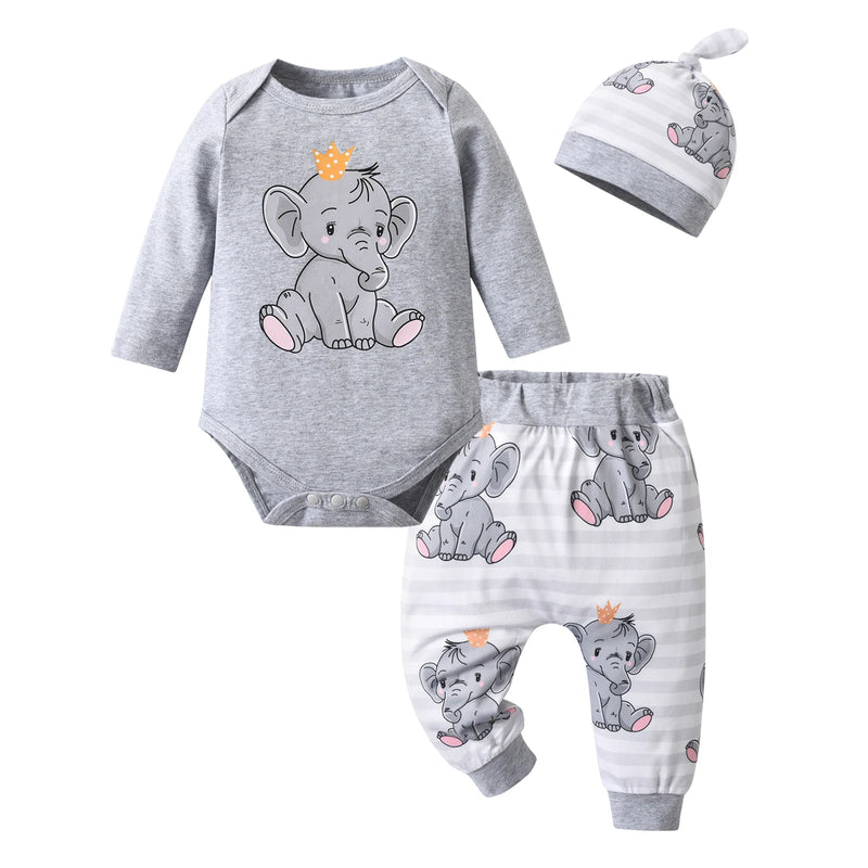Newborn Baby Boy Baby Elephant Clothes Set Long Sleeve Romper Bodysuit Top and Pants with Hat Spring Autumn Cute Outfit for Boys
