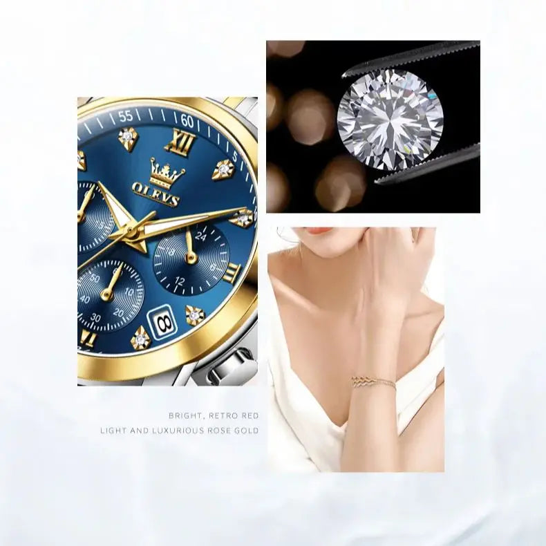 Relógio feminino Olevs de luxo quartzo a prova de agua calendário de pontos elegantes em estilo diamante