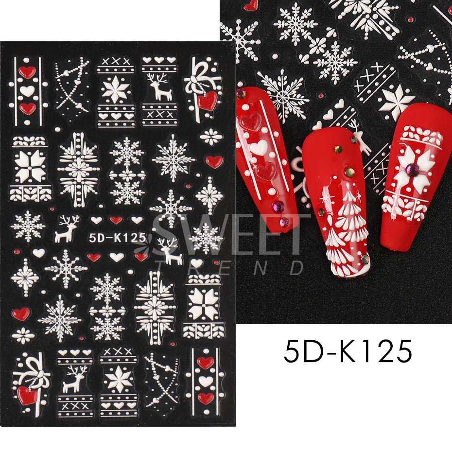 5D Red Christmas Nail Stickers Glitter Embossed Snowflake Gloves Feather Bulb Bells Winter Xmas DIY Engraved Manicure Decoration