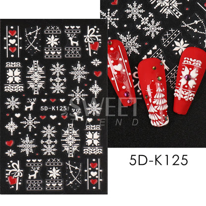 5D Red Christmas Nail Stickers Glitter Embossed Snowflake Gloves Feather Bulb Bells Winter Xmas DIY Engraved Manicure Decoration