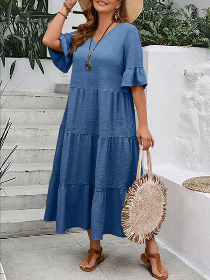 Multi Color v-Neck longo Swing Dress, Plus Size, Multi Color, Plus Size, Amazon, Europa e América, Novo, Primavera e Verão, 2022