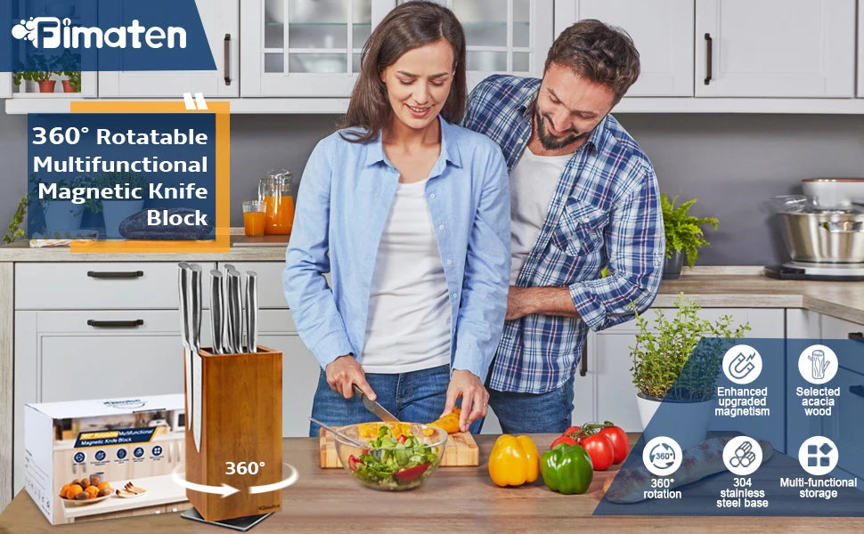 Magnetic Rotating Wood Knife Holder  360° Rotatable Knife Block For  Kitchen Knives Storage With Anti Slip Pad Wood Knife Board
