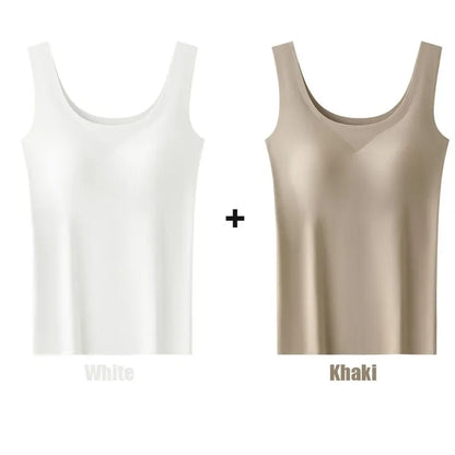 2 piezas/lote de camiseta sin mangas de seda sin costuras con almohadilla fija en el pecho para mujer, camisola sin mangas, ropa interior exterior, camisola de verano de alta elasticidad