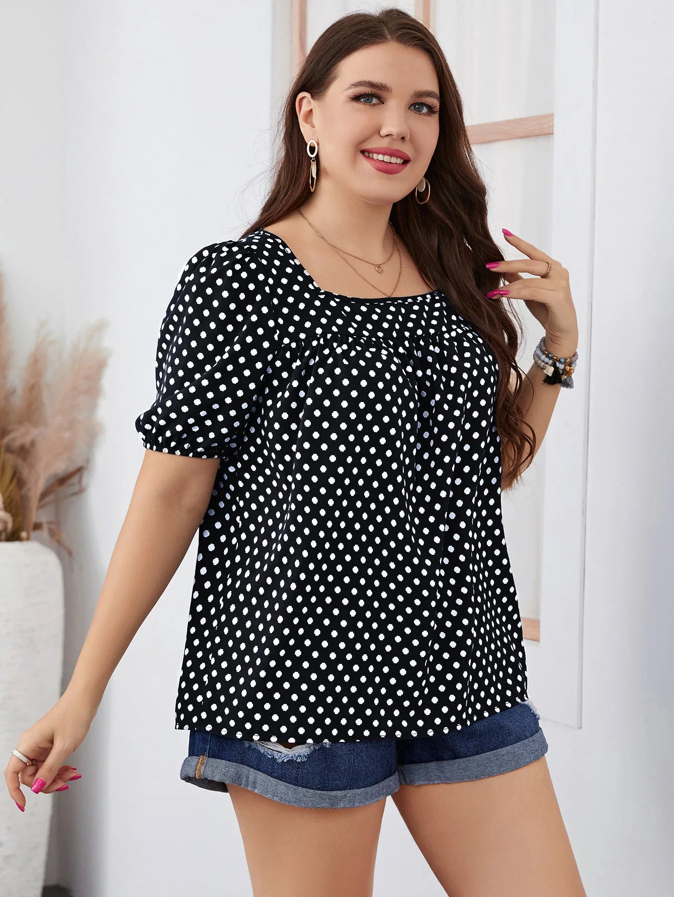 Fairyshely 2025 Summer Casual Print Plus Size Top Women Square Collar Loose Large T-shirt Lady Short Sleeve Elegant Curvy Tops