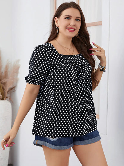 Fairyshely 2025 Summer Casual Print Plus Size Top Women Square Collar Loose Large T-shirt Lady Short Sleeve Elegant Curvy Tops