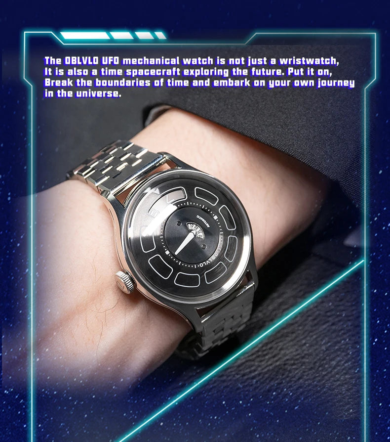 OBLVLO BLM-UFO Unique UFO-Shaped Automatic Watch with Luminous Silicone Strap And Steel Bracelet Waterproof Mechanical Timepiece