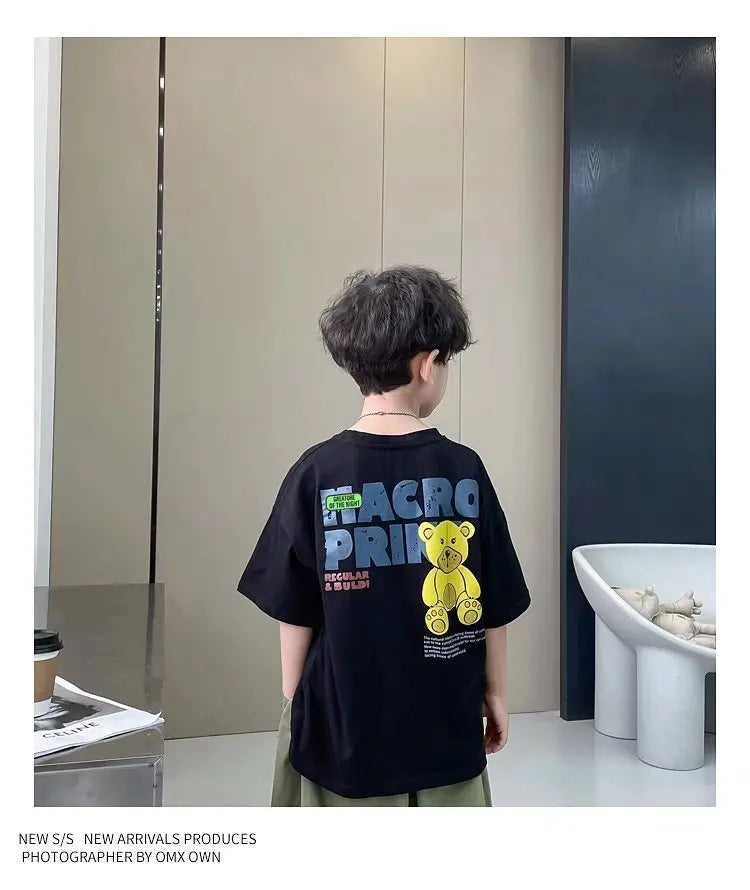 Camiseta de manga corta de verano para niños, Top de cuello redondo para niños pequeños y medianos, moda informal versátil de media manga