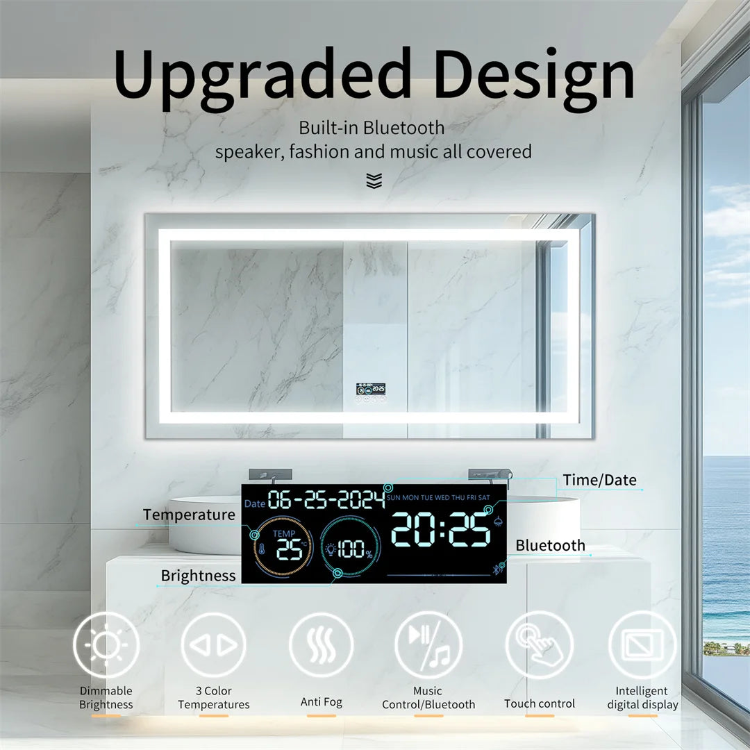 LUVODI Large Illuminated Bluetooth Bathroom Mirror Rectangle Anti-fog LED Bathroom Vanity Mirror with Bluetooth Speaker 3 Color