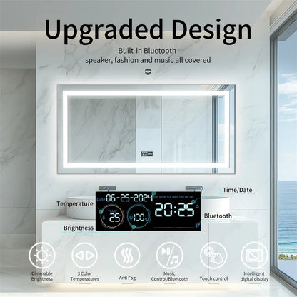 LUVODI Large Illuminated Bluetooth Bathroom Mirror Rectangle Anti-fog LED Bathroom Vanity Mirror with Bluetooth Speaker 3 Color
