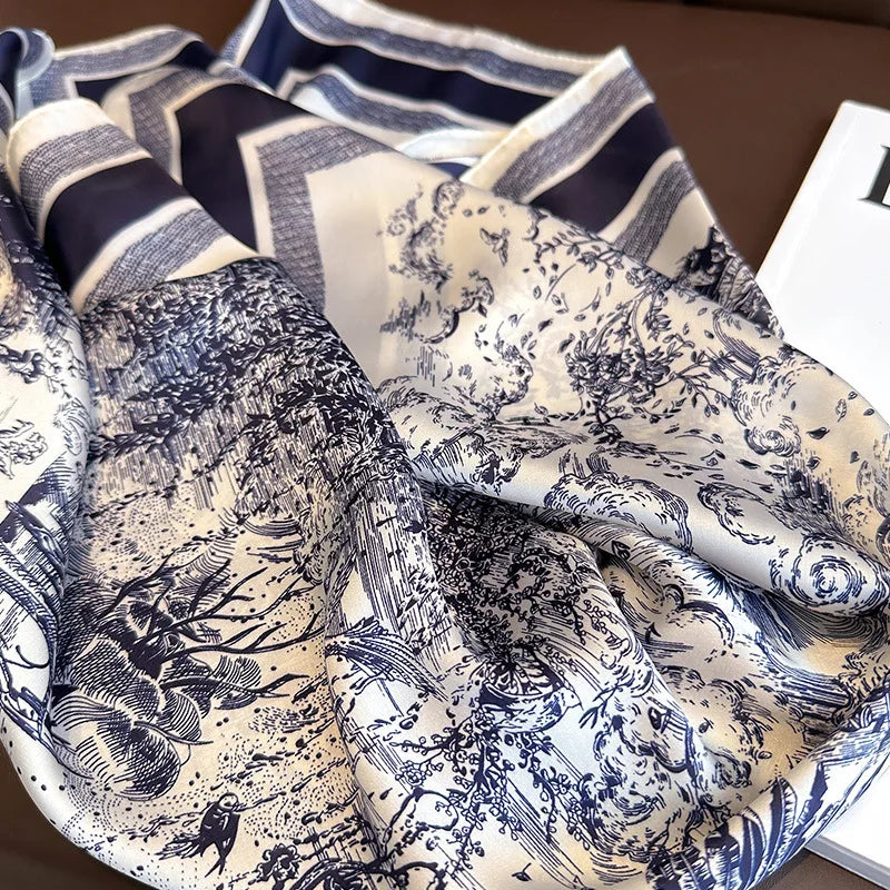 Pañuelo cuadrado de seda con estampado floral de lujo para mujer, pañuelo de satén suave, banda para el pelo, pañuelo para la cabeza, hijab, diadema para mujer, fular, cinta para bolso
