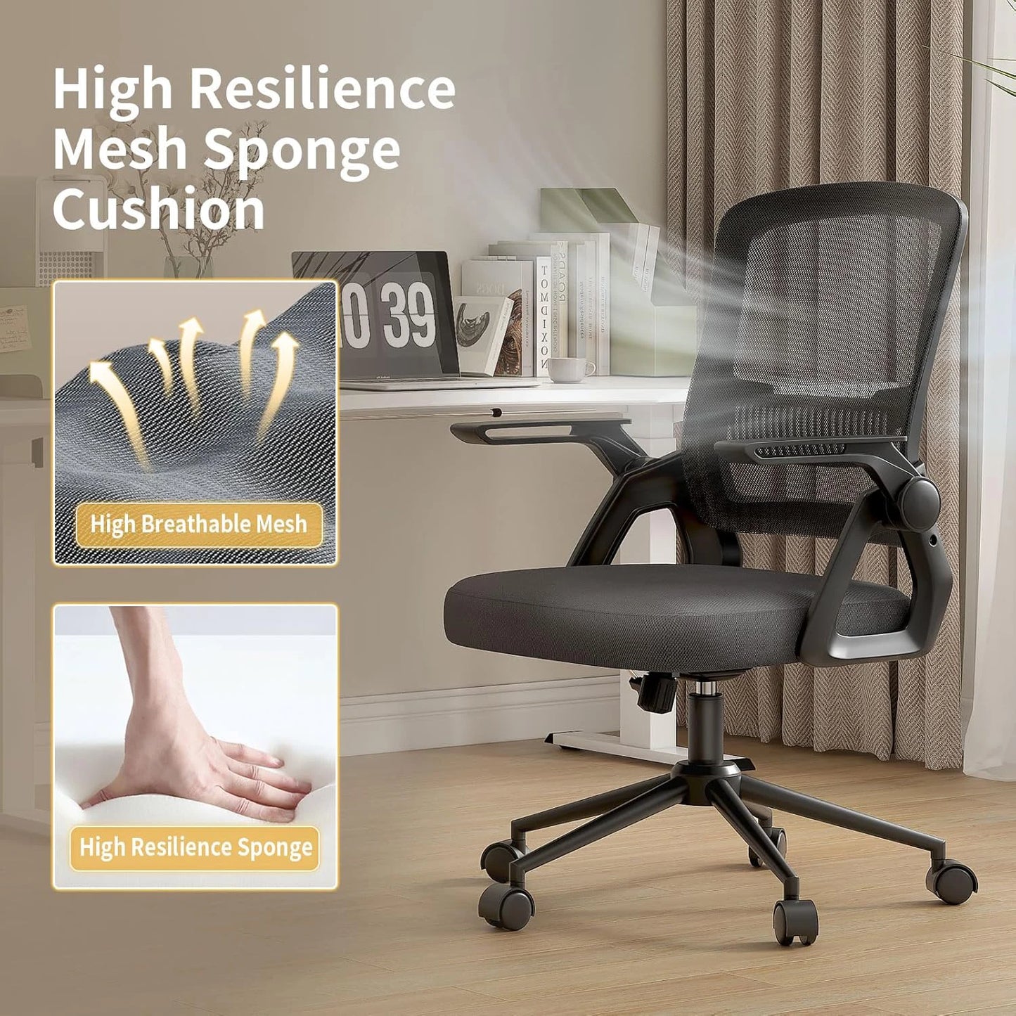 Naspaluro Office Chair Ergonomic Mesh Flip-Up Arms Gaming Chair with Mid Back Cushion Lumbar Support for Home Bedroom Working