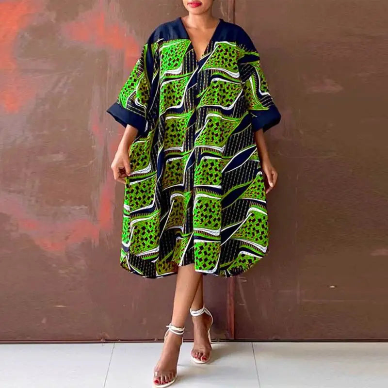 Plus Size 5XL Women Dress 2024 VONDA Summer V Neck Party Sundress Sexy Half Sleeve Bohemian Printed Dress Vestidos Loose Robe