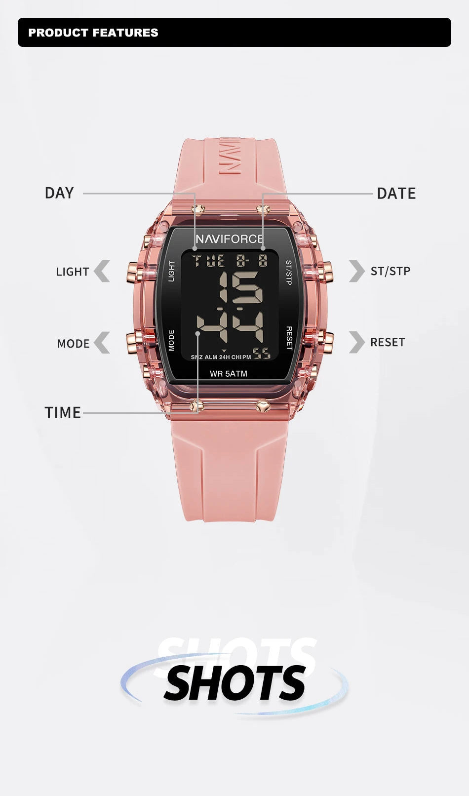 Relojes NAVIFORCE para mujer, con movimiento digital LCD, reloj de moda para mujer, resistente al agua hasta 50 m, correa de silicona, relojes de pulsera deportivos electrónicos.