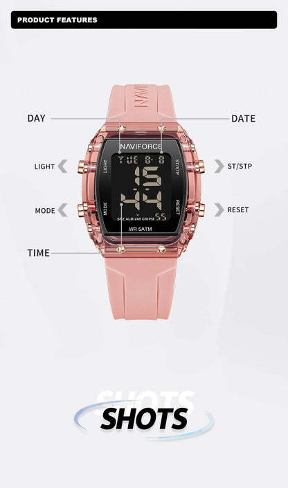 Relojes NAVIFORCE para mujer, con movimiento digital LCD, reloj de moda para mujer, resistente al agua hasta 50 m, correa de silicona, relojes de pulsera deportivos electrónicos.