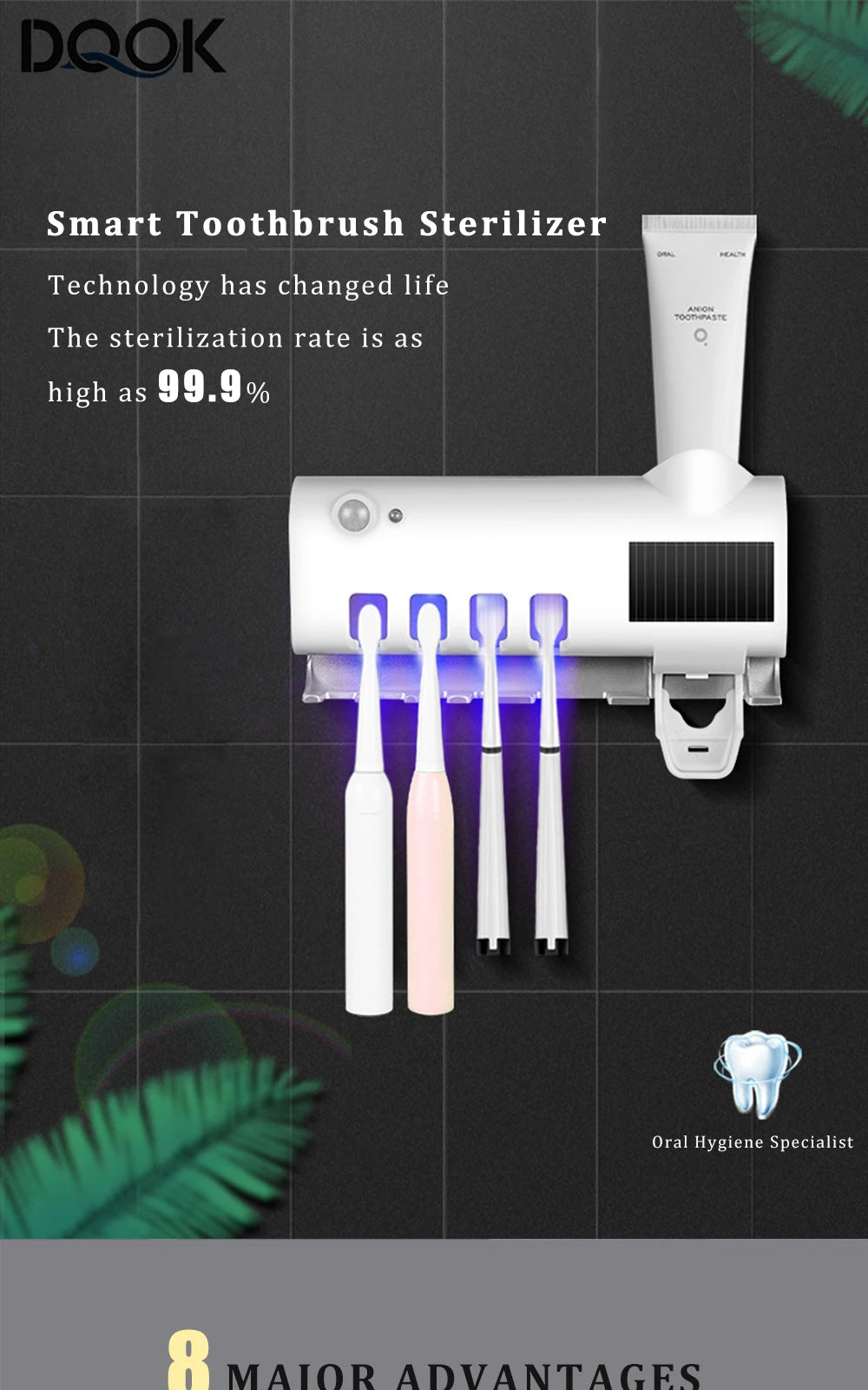 Toothbrush Holder Toothpaste Dispenser Solar Energy Bathroom Toothbrush Storage Box Multi-function Storage Holder USB Charge
