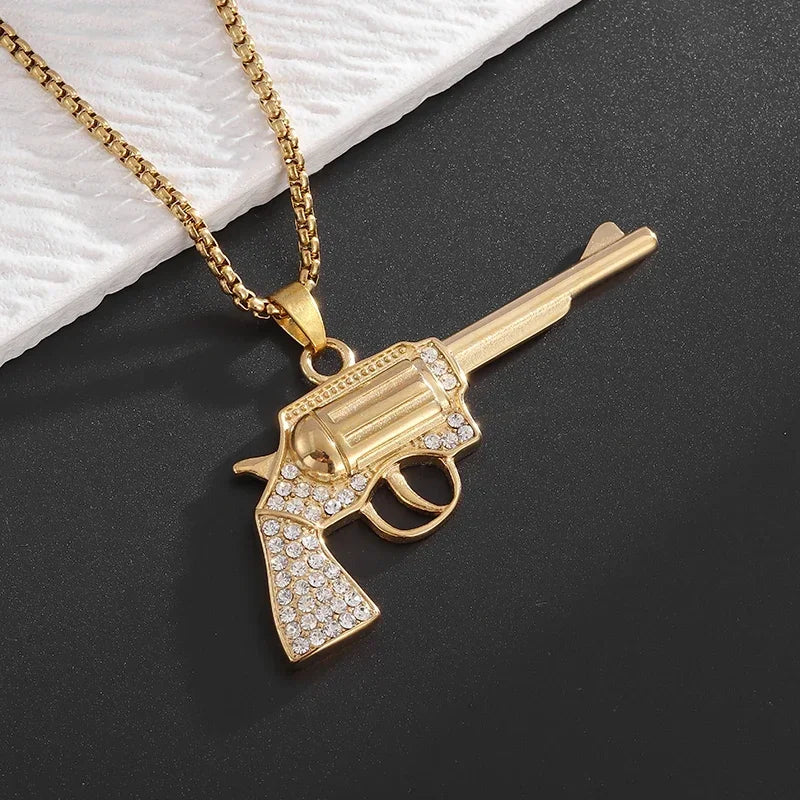Collar con colgante de circón con incrustaciones de rifle de asalto punk M416 para hombre, estilo hip hop rock, joyería moderna, regalo para niño 