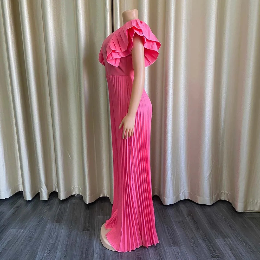 Elegant Pleated Jumpsuits & Rompers for Women V Neck Ruffles High Waisted Loose Floor Length Luxury Female Birthday Party Romper