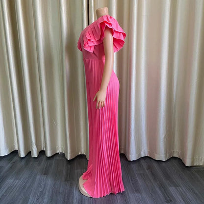 Elegant Pleated Jumpsuits & Rompers for Women V Neck Ruffles High Waisted Loose Floor Length Luxury Female Birthday Party Romper