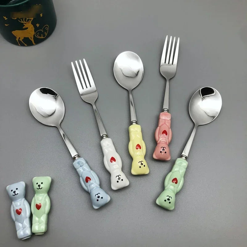 New Cute Bear Spoon Fork Ceramic Dessert Milk Fruit Salad Spoons Cartoon Flatware Kid Cutlery Tableware School Picnic Dinnerware