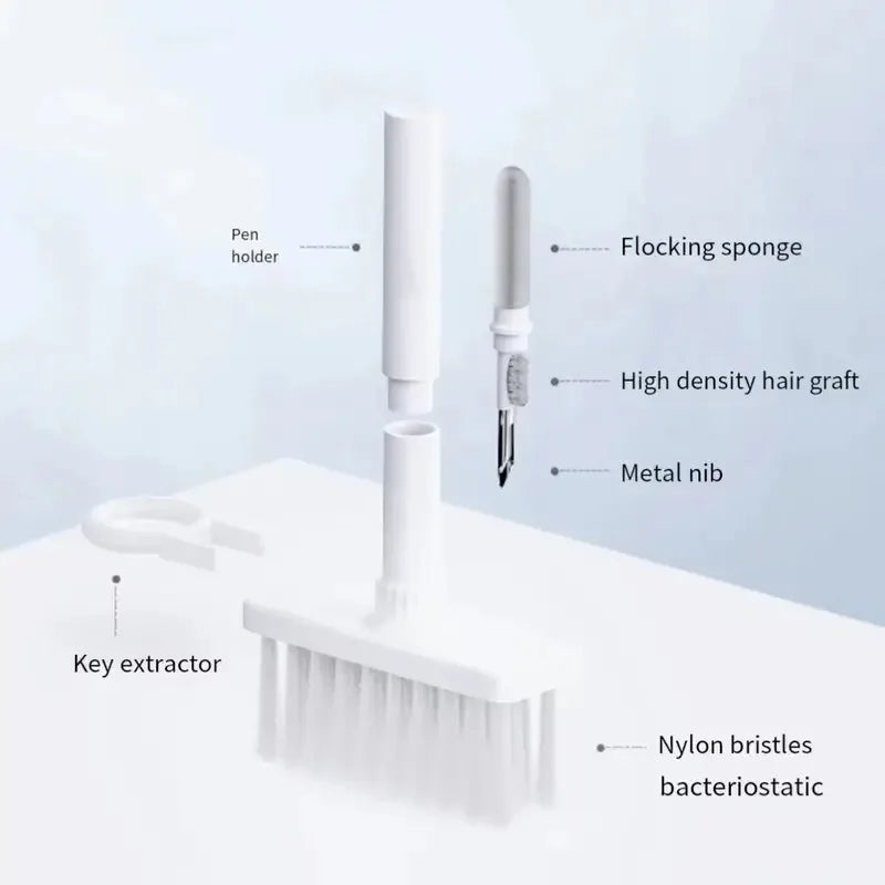 Cepillo de limpieza 5 en 1 para eliminar el polvo, cepillo de teclado de doble cabezal desmontable, cepillo multifuncional para eliminar el polvo de los auriculares.