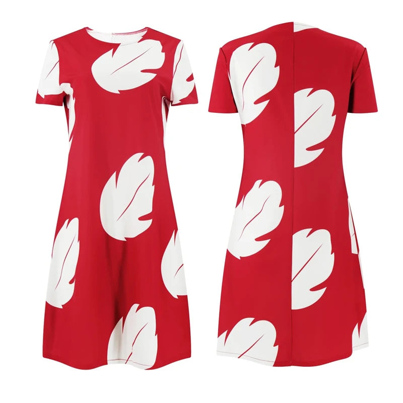Lilo Cosplay Costume Pelekai Red Lilo Dress with Hawaiian Leaf Flower Leis Accessories Flower Hair Clip Halloween Party Cosplay