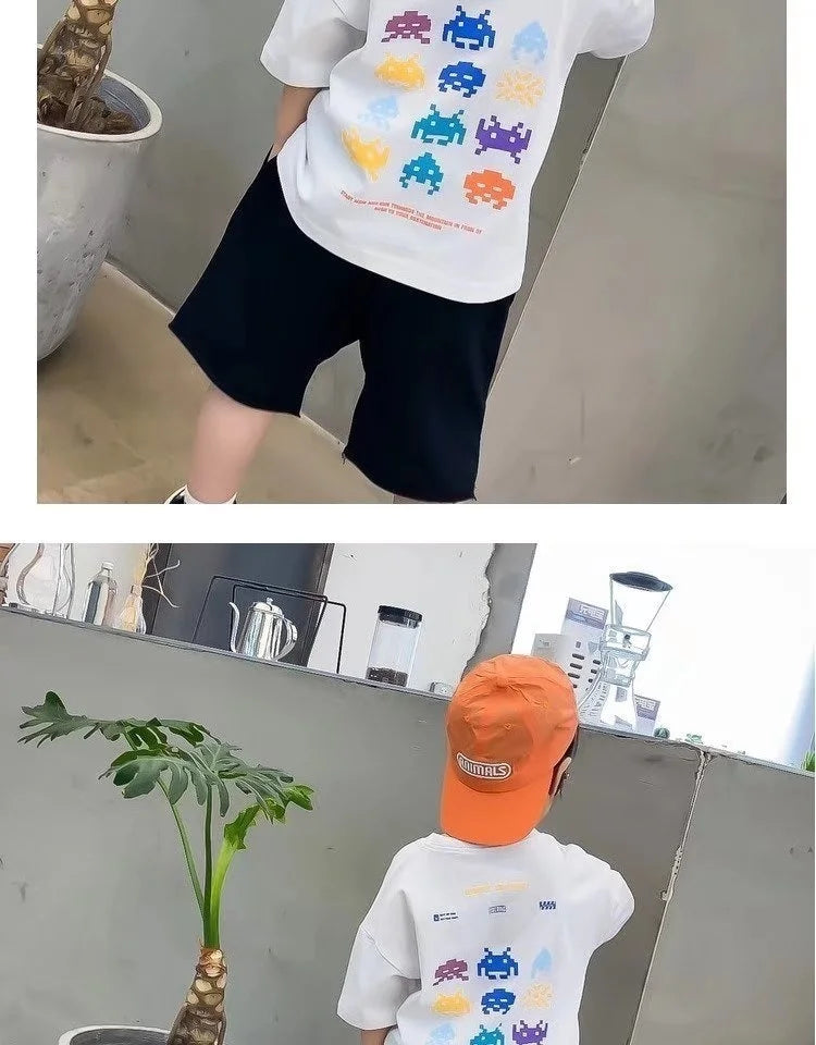 Camiseta de manga corta de verano para niños, Top de cuello redondo para niños pequeños y medianos, moda informal versátil de media manga