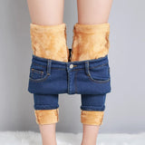 Women's Thermal Jeans Winter Snow Warm Plush Stretch Jeans Lady Skinny Thick Fleece Denim Long Pants Retro Blue Pencil Trousers