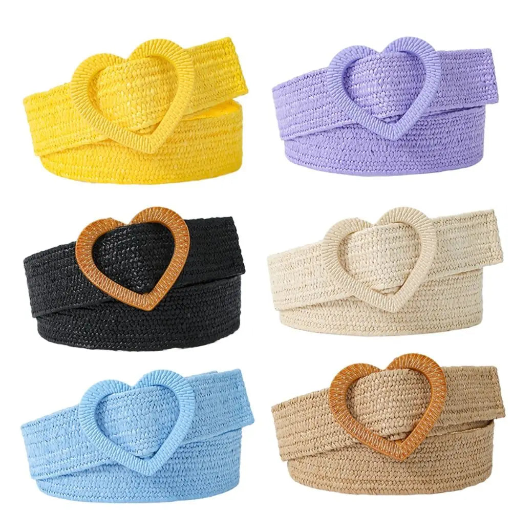 Straw Woven Waist Belt Summer Love Heart Buckle Candy Color Waistband Dress Decoration 4cm Wide Braided Belt
