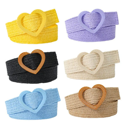 Straw Woven Waist Belt Summer Love Heart Buckle Candy Color Waistband Dress Decoration 4cm Wide Braided Belt