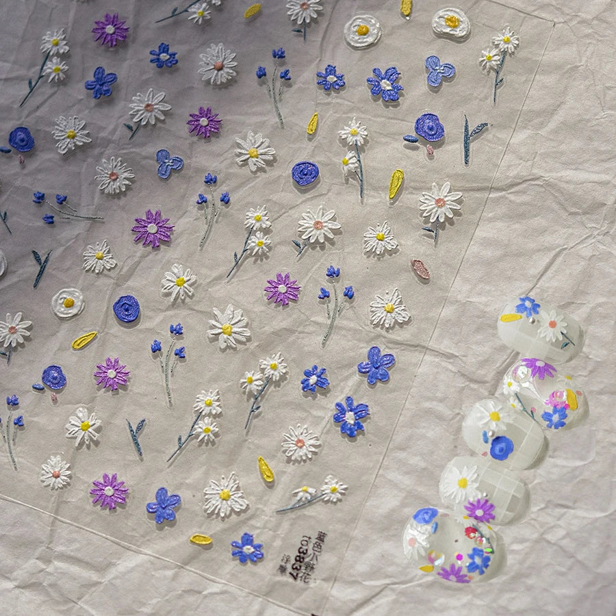 Colorful Sparkling Glass Fragment Spring Wildflowers High Quality Adhesive Flash Nail Stickers Art Decorations Design T-3784