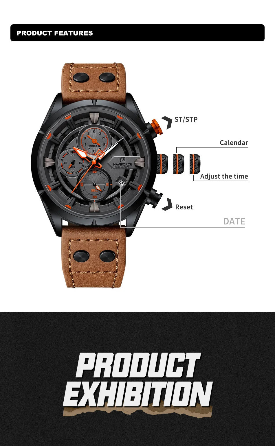 NAVIFORCE Men Casual Watch Fashion Luxury Waterproof Genuine Leather Strap Male Chronograph Quartz WristWatch Relogio Masculino