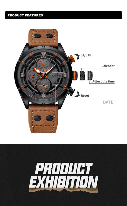 NAVIFORCE Men Casual Watch Fashion Luxury Waterproof Genuine Leather Strap Male Chronograph Quartz WristWatch Relogio Masculino