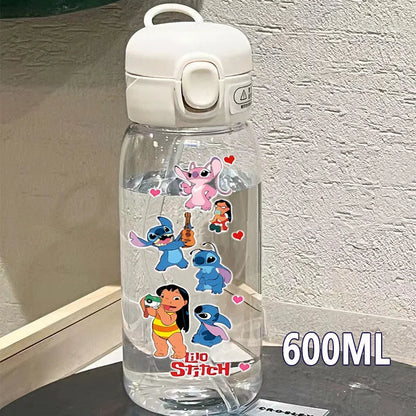 600/400ML Lilo&Stitch Straw Bottles Disney Drinking Office Transparent Portable Anti Drop Children's Water Bottle PC Material